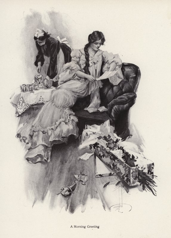 Ung kvinne mottar en bukett blomster og et brev fra en beundrer (litho) av Harrison Fisher