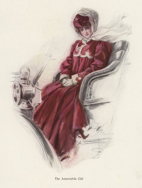 Ung kvinne sitter i en bil (farge litho) av Harrison Fisher