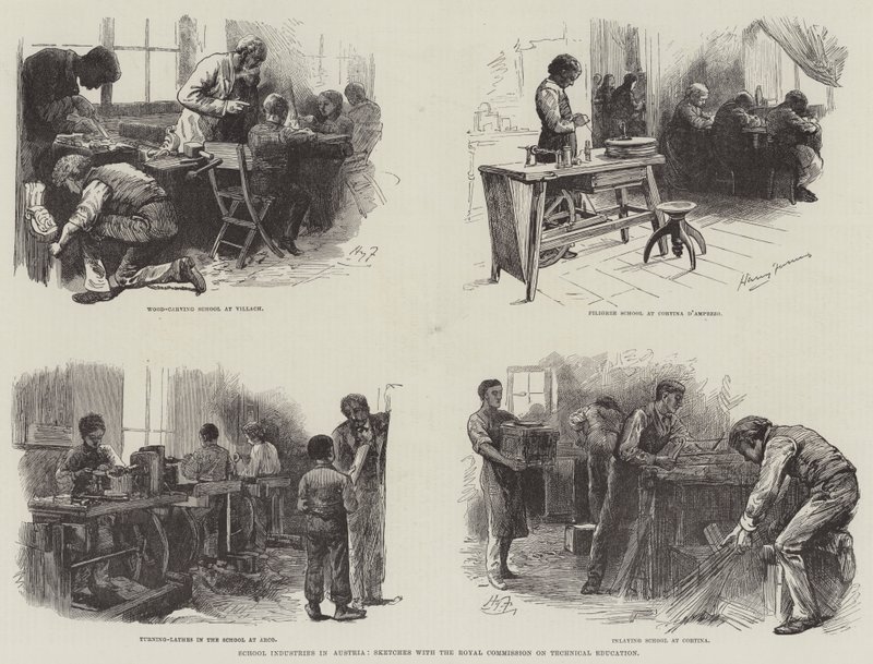 Skoleindustri i Østerrike, skisser med Royal Commission on Technical Education av Harry Furniss