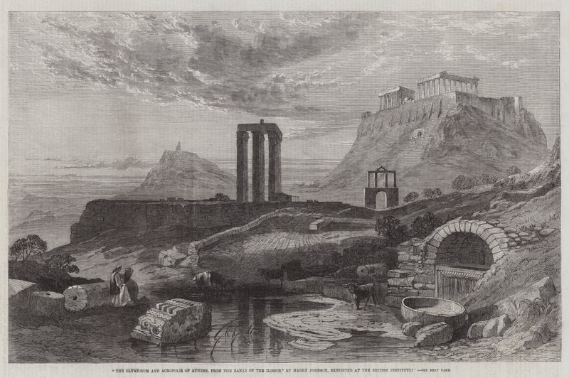 Olympaeum og Akropolis i Athen, fra bredden av Ilissus, utstilt ved den britiske institusjonen av Harry John Johnson