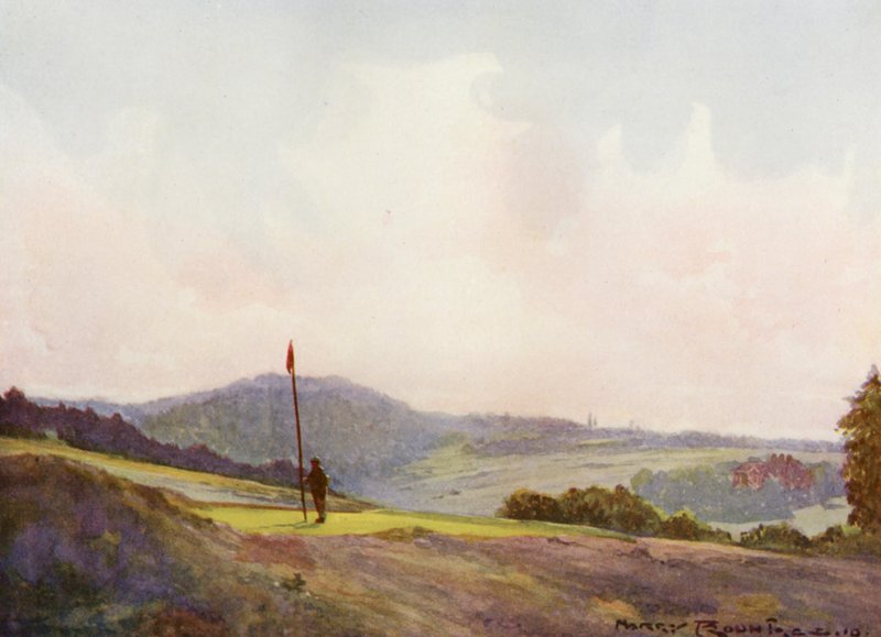 Golfbaner: Forest Row, den femtende greenen (fargelitografi) av Harry (1878-1950) Rountree