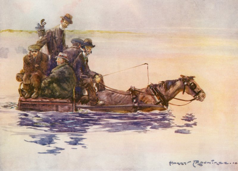 Golfbaner: Portmarnock, hjemkomsten (fargelitografi) av Harry (1878-1950) Rountree