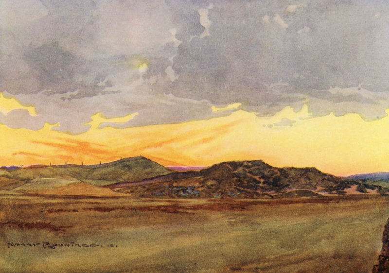 Golfbaner: Prestwick, med utsikt mot «Alpene» (fargelitografi) av Harry (1878-1950) Rountree