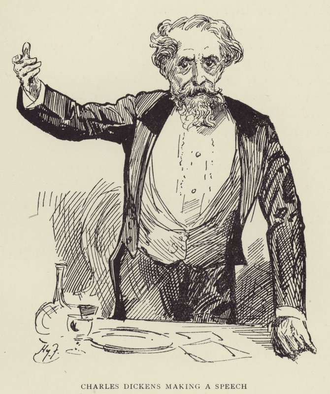 Charles Dickens holder en tale av Harry Furniss
