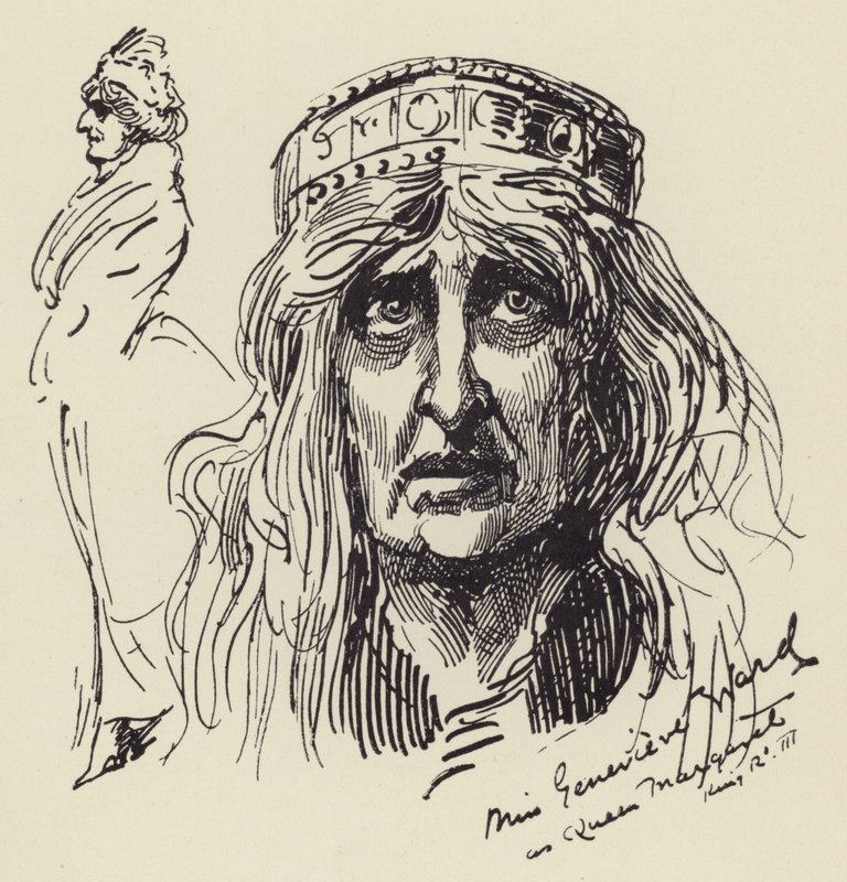 Frøken Genevieve Ward som dronning Margaret av Harry Furniss
