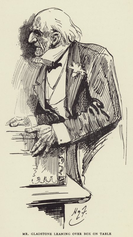 Mr Gladstone lener seg over boksen på bordet av Harry Furniss