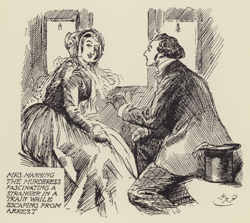 Mrs Manning the Murderess fascinerer en fremmed i et tog mens hun rømmer fra arresten av Harry Furniss