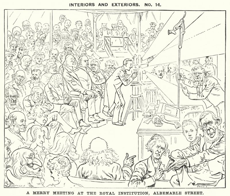 Punch tegneserie: A Merry Meeting at the Royal Institution, Albemarle Street, London (gravering) av Harry Furniss