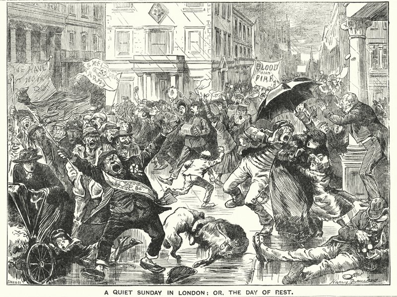 Punch tegneserie: A Quiet Sunday in London; eller, hviledagen (gravering) av Harry Furniss