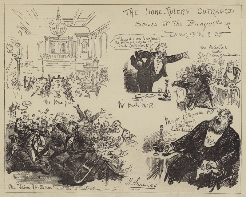 Hjemmestyrerne rasende, scener på banketten i Dublin av Harry Furniss
