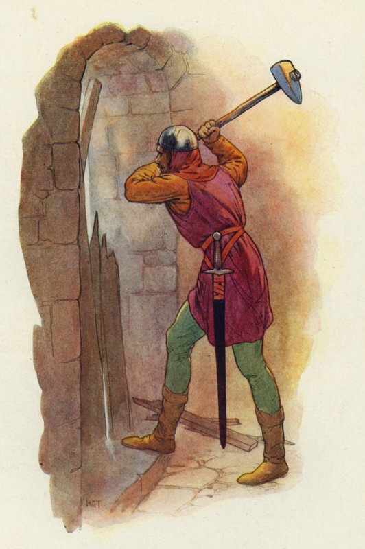 Hammeren svingte igjen, og med et andre, knusende slag brøt den ut for dem (fargelitografi) av Harry George Theaker