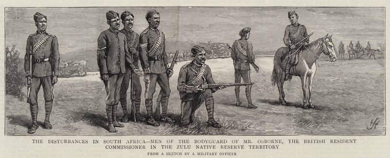Forstyrrelsene i Sør-Afrika, menn fra livvakten til Mr Osborne, den britiske bosattkommissæren i Zulu Native Reserve Territory av Harry Hamilton Johnston