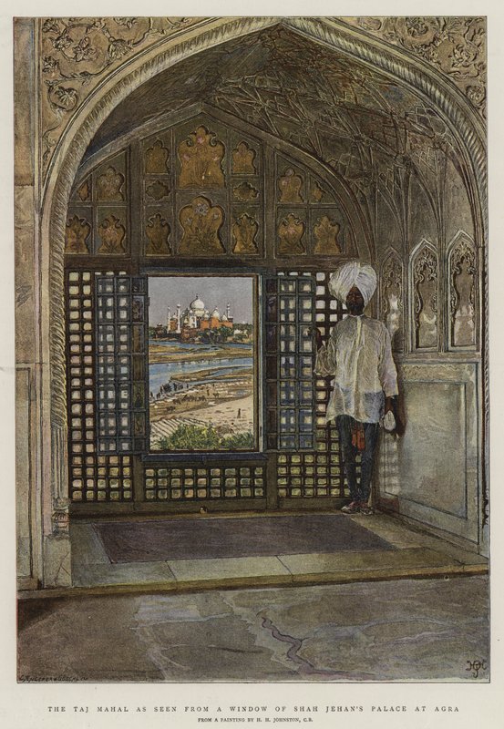 Taj Mahal sett fra et vindu i Shah Jehans palass i Agra av Harry Hamilton Johnston