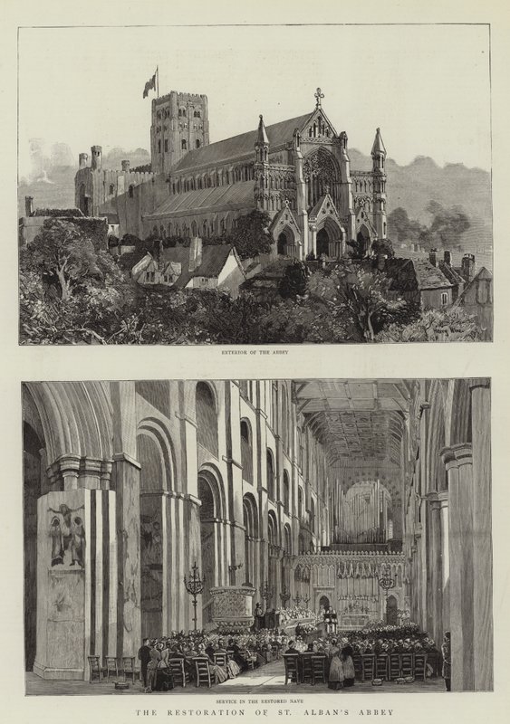 Restaurering av St Albans Abbey gravering av Harry Hine