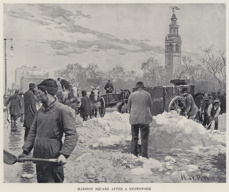 Madison Square etter en snøstorm (litho) av Harry M. Pettit