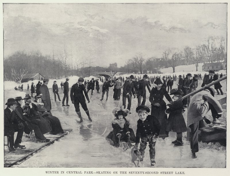 Vinter i Central Park, skøyter på Seventy-Second Street Lake (s/hvitt bilde) av Harry M. Pettit