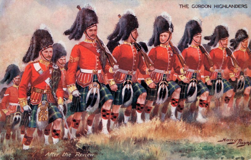 Gordon Highlanders, etter gjennomgangen (farge litho) av Harry Payne