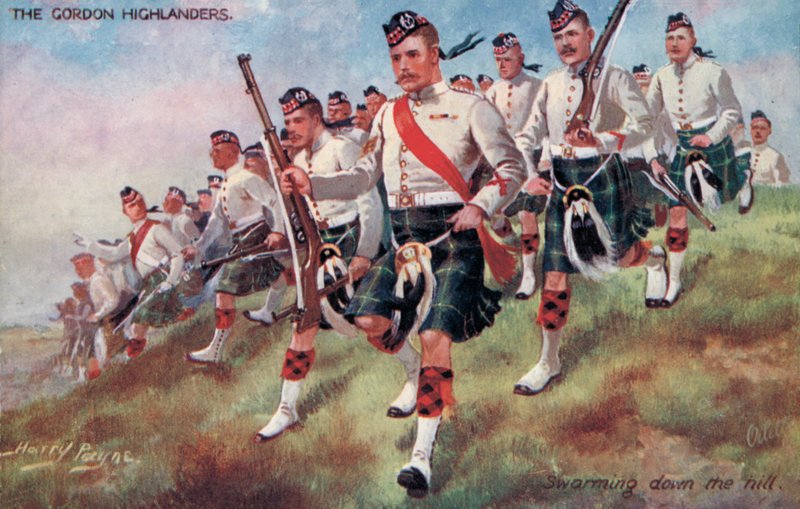 Gordon Highlanders, svermer ned bakken (farge litho) av Harry Payne