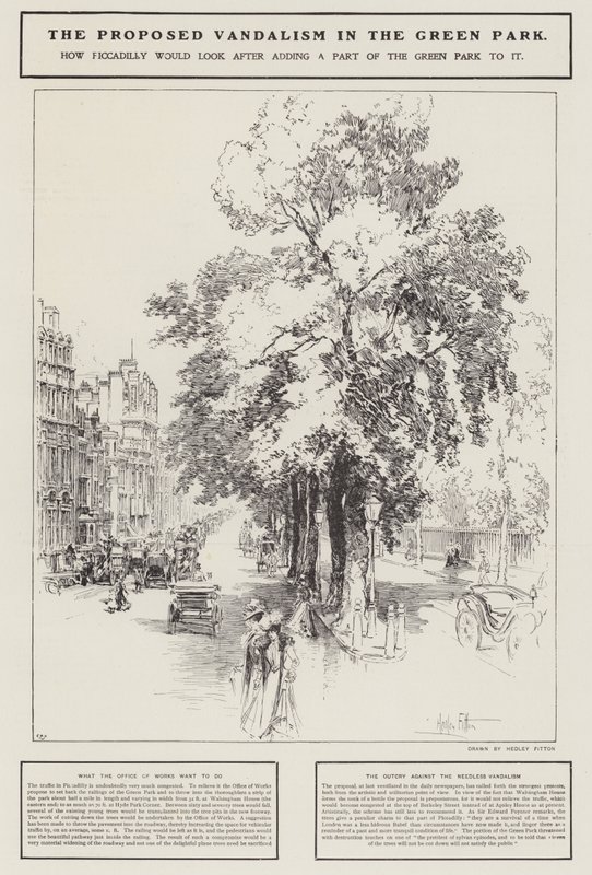 Det foreslåtte hærverket i Green Park, London (litho) av Hedley Fitton
