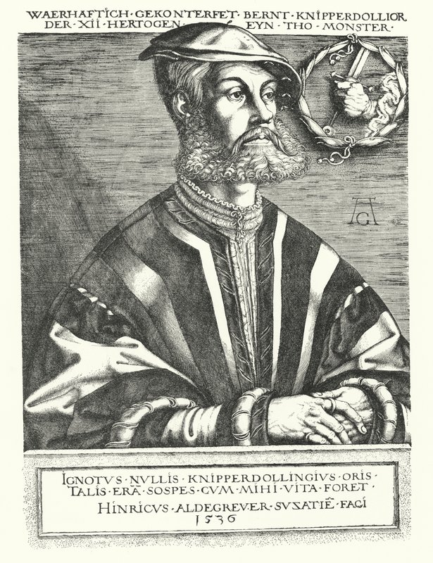Bernhard Knipperdolling , tysk anabaptistleder og en av lederne for Munster-opprøret 1534-1535 (gravering) av Heinrich (after) Aldegrever