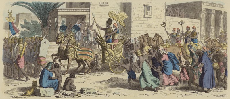 En gammel egyptisk farao på vei til krig (farget gravering) av Heinrich Leutemann