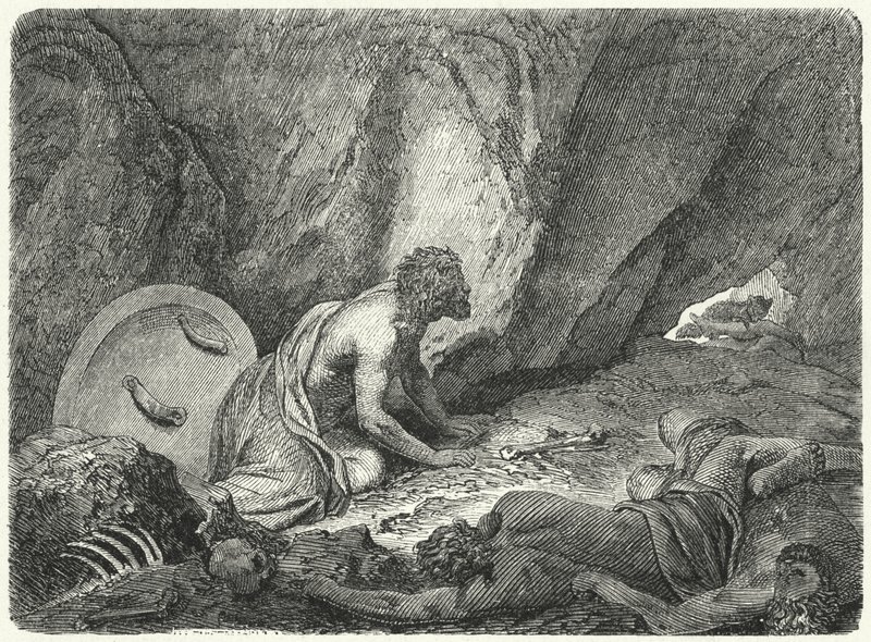 Aristomenes rømmer fra gropen som han ble kastet i av spartanerne (gravering) av Heinrich Leutemann