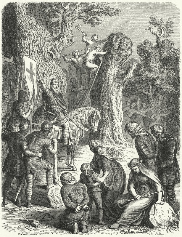 Charlemagne beordrer felling av Irmensaule, saksernes hellige eiketre, 772 (gravering) av Heinrich Leutemann