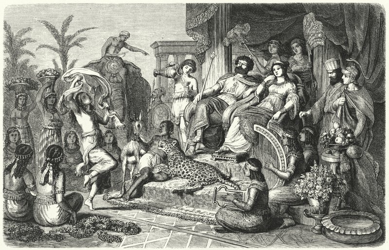 Rettsscene fra et av de hellenistiske kongedømmene som Alexander den stores rike ble delt inn i etter hans død (gravering) av Heinrich Leutemann
