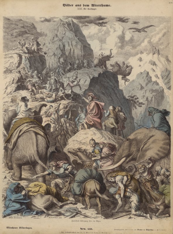 Hannibal leder den karthagiske hæren over Alpene (farget gravering) av Heinrich Leutemann