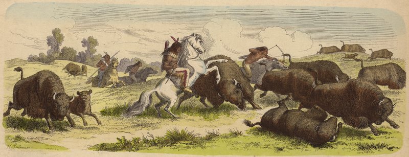 Indianere på hesteryggen jakter på bøffel (farget gravering) av Heinrich Leutemann