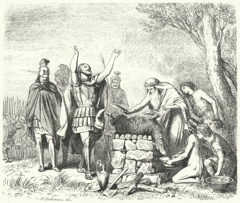 Pausanias making a sacrifice to the Gods before the Battle of Plataea, 479 BC (engraving) av Heinrich Leutemann