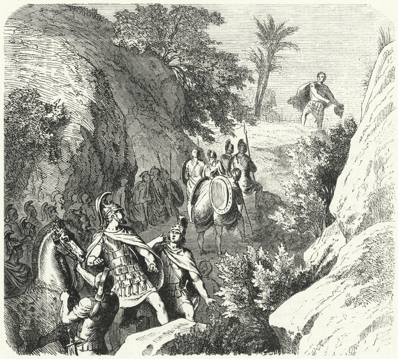 Perseus av Makedonien på marsj gjennom kløftene i Thessalia (gravering) av Heinrich Leutemann
