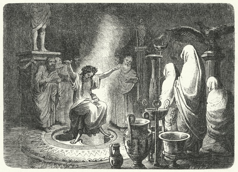 Pythia, yppersteprestinne av Apollon-tempelet i Delphi (gravering) av Heinrich Leutemann