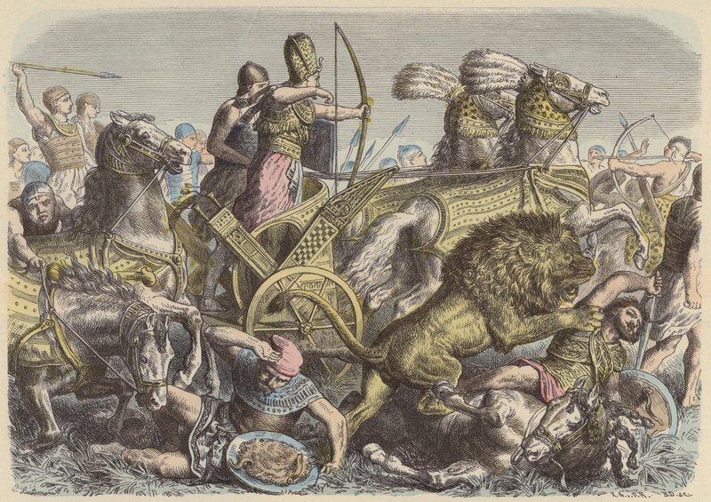Ramses den store av Egypt på slagmarken (farget gravering) av Heinrich Leutemann