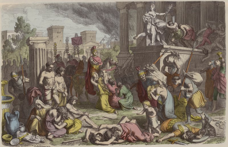 Romerske soldater plyndrer en erobret by (farget gravering) av Heinrich Leutemann
