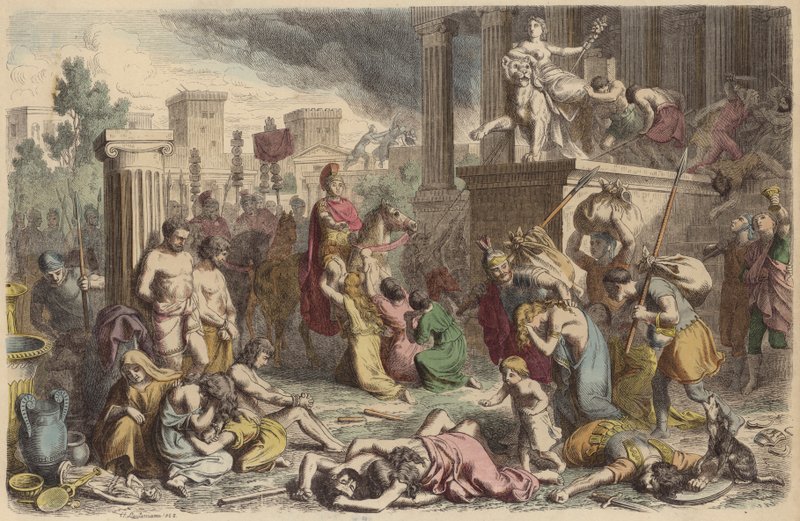 Romerske soldater plyndrer en erobret by (farget gravering) av Heinrich Leutemann