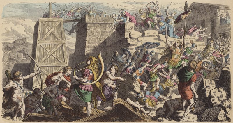 Romerske soldater stormer en by (farget gravering) av Heinrich Leutemann