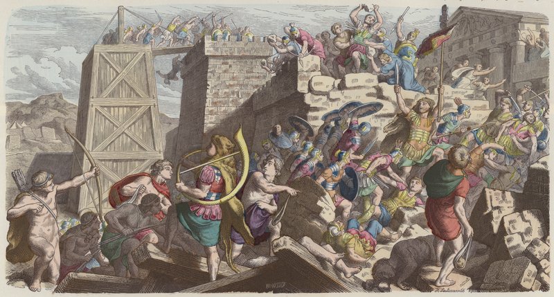 Romerske soldater stormer en by (farget gravering) av Heinrich Leutemann