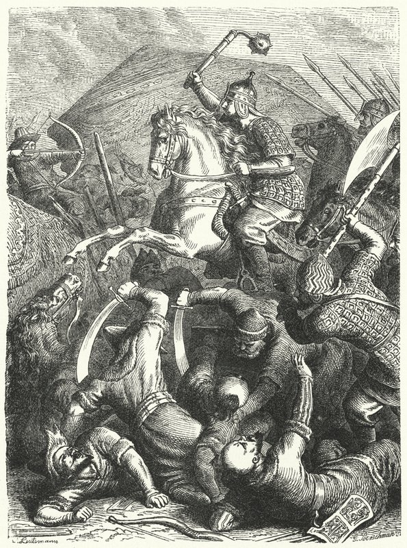 Den kosakkede militærsjefen Yermak Timofeyevich i kamp med tatarene fra Kuchum Khan (gravering) av Heinrich Leutemann