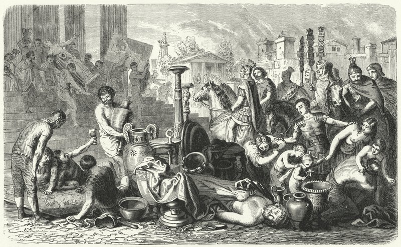 Romerne bærer bort kunstskattene i Hellas (gravering) av Heinrich Leutemann