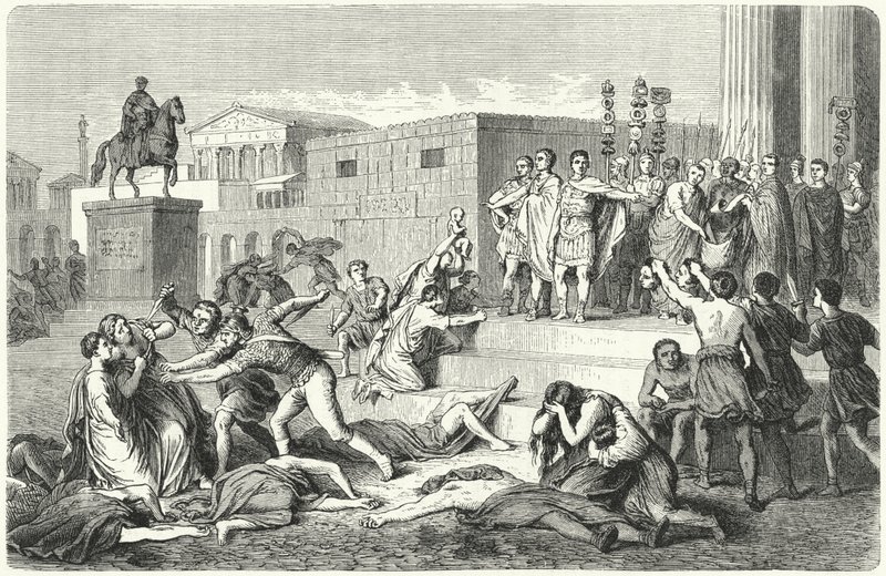 Triumviratet til Mark Antony, Marcus Aemilius Lepidus og Octavian proklamerer proskriptioner mot sine politiske fiender, 43 f.Kr. av Heinrich Leutemann