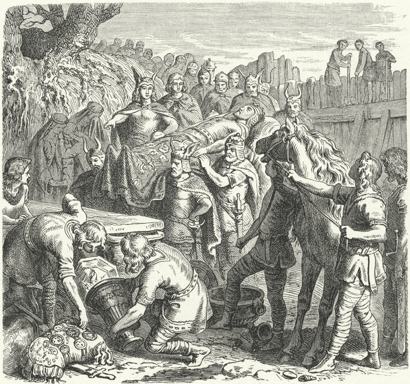 Begravelsen av Alarik I, kongen av vestgotene, i bunnen av elven Busento, 410 (gravering) av Heinrich Leutemann