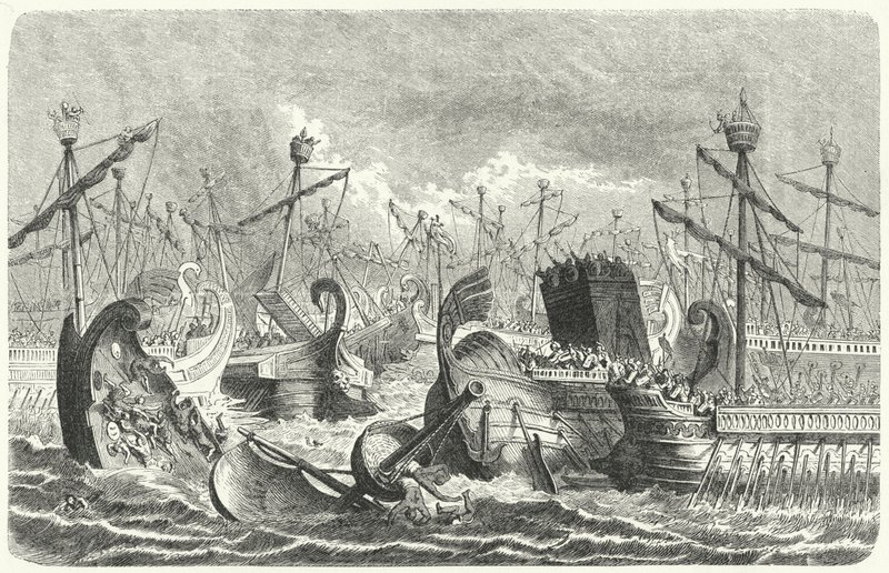 Den romerske flåtens seier over karthagerne i slaget ved Aegatene, 241 f.Kr. (gravering) av Heinrich Leutemann