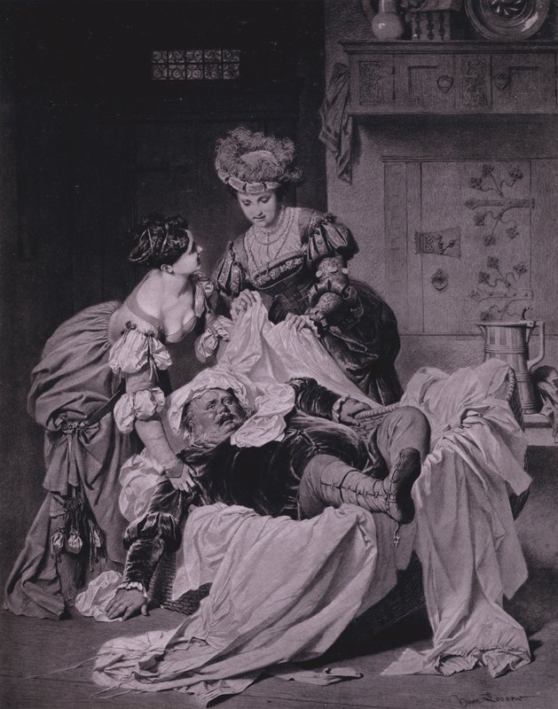 Scene fra Shakespeares The Merry Wives of Windsor (Act III, Scene 3) (litho) av Heinrich Lossow