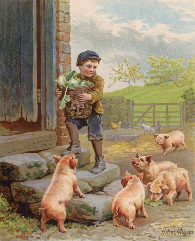 Sultne griser ser på en gutt som bærer en kurv med neper på en gård (chromolitho) av Helena J. Maguire