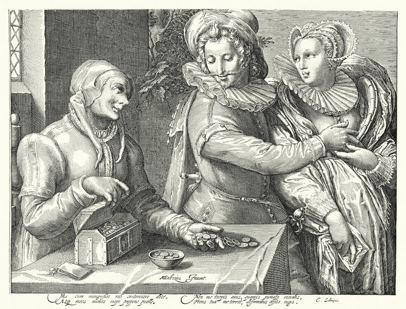 En ung mann som velger kjærlighet til skjønnhet i stedet for rikdom (gravering) av Hendrik (after) Goltzius