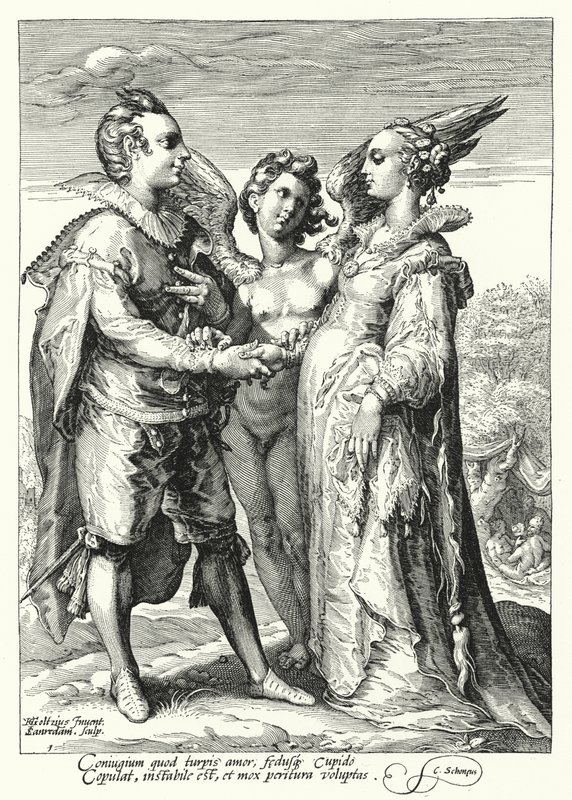 Ekteskap for kjærlighet forrettet av Amor (gravering) av Hendrik (after) Goltzius
