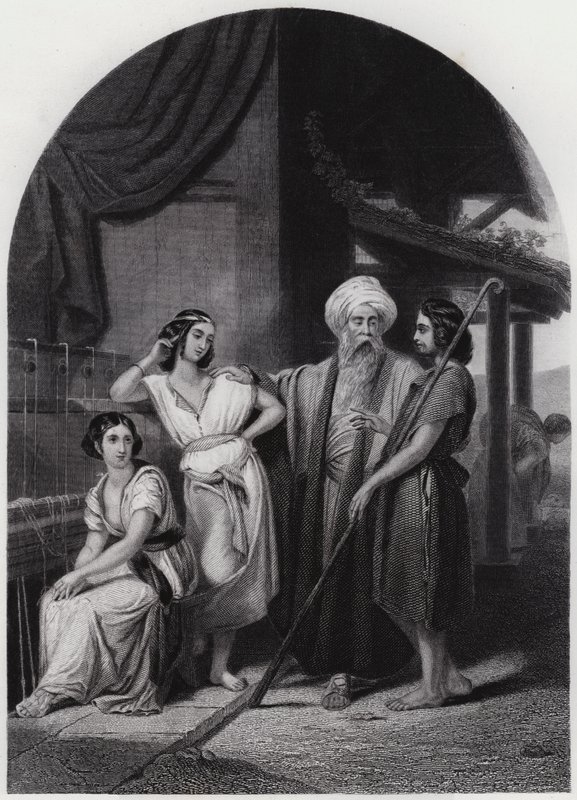 Jakob i Labans hus (gravering) av Henri Frederic (after) Schopin