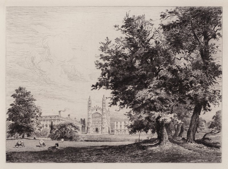 Cambridge: King's College Chapel, fra elven (etsing) av Henri (after) Toussaint
