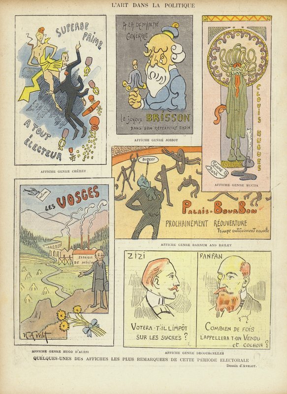 Forestilte franske valgplakater, illustrasjon for Le Rire av Henri Avelot